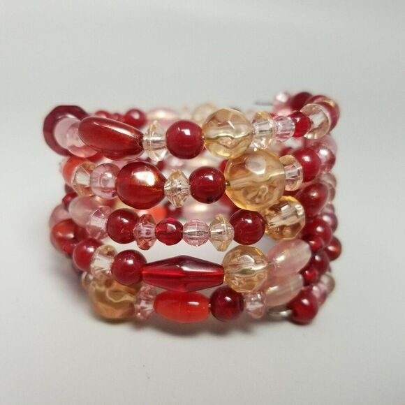 Vintage Red and Pink Memory Wire Coiled Bangle Bracelet, Wide Chunky Estate - Picture 6 of 7